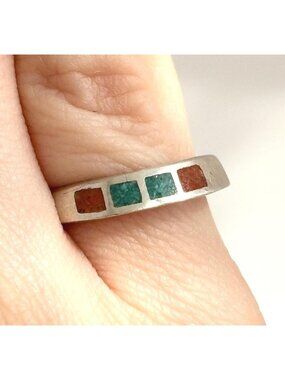 Turquoise & Coral Chip Inlaid Southwest Style Sterling Silver 925 Vintage Ring